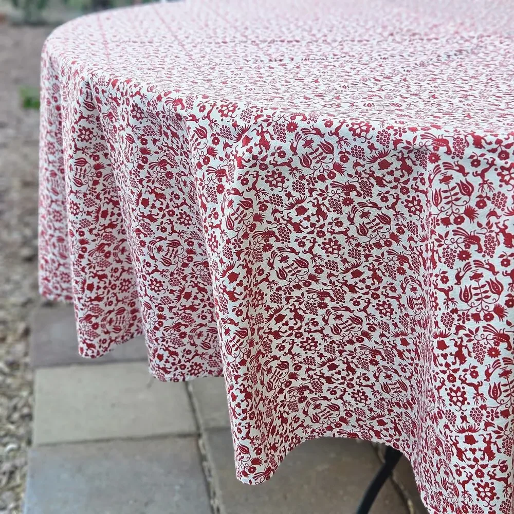 Vtg Round Tablecloth Red Cotton Handmade AOP Folk Art‎ Stag Cottage 4th July 80